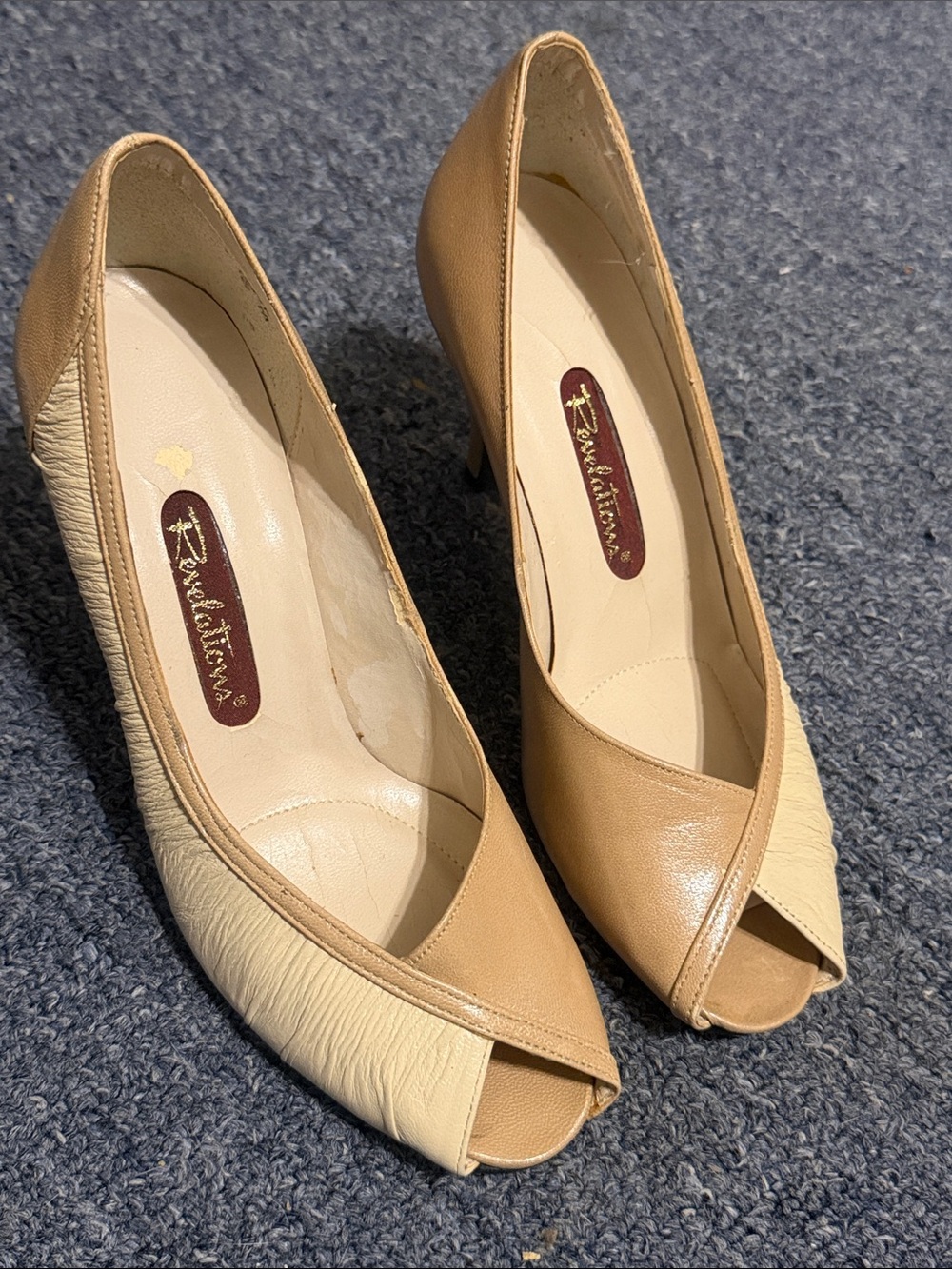 Revolution Two-Tone Cream and Tan Peep-Toe Heels